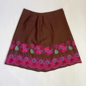Vintage 90s Romantic Cottage Floral Embroidered Choclate Brown Aline Midi Skirt
